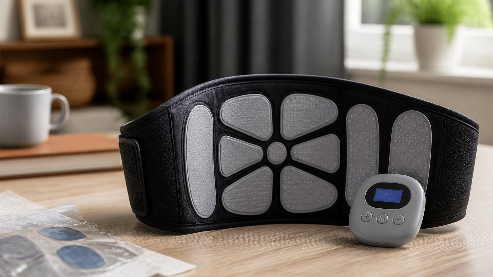 Washable EMS belt ahead of blurred discarded gel pad sheets