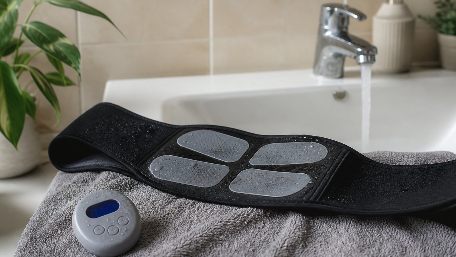 Washable silicone EMS pads rinsing and air drying on a towel