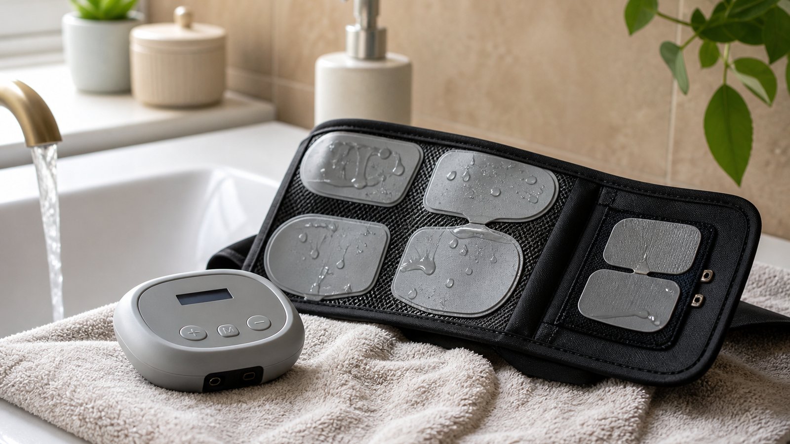 Washable silicone EMS pads rinsing and air drying on a towel