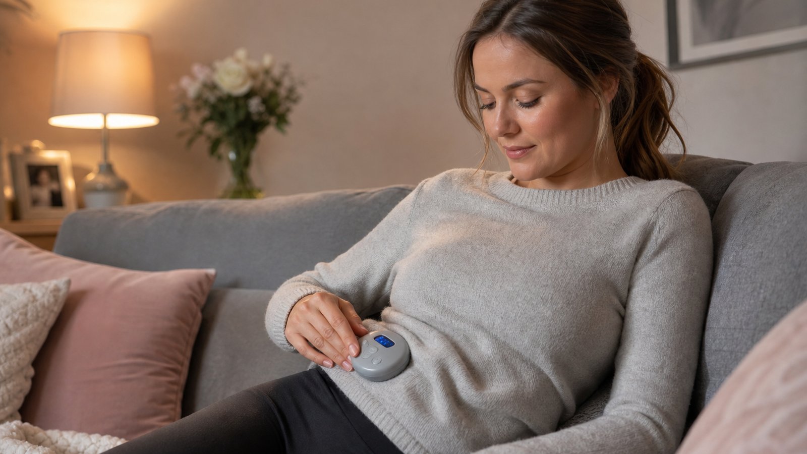 Slim EMS control pod worn discreetly under a soft jumper