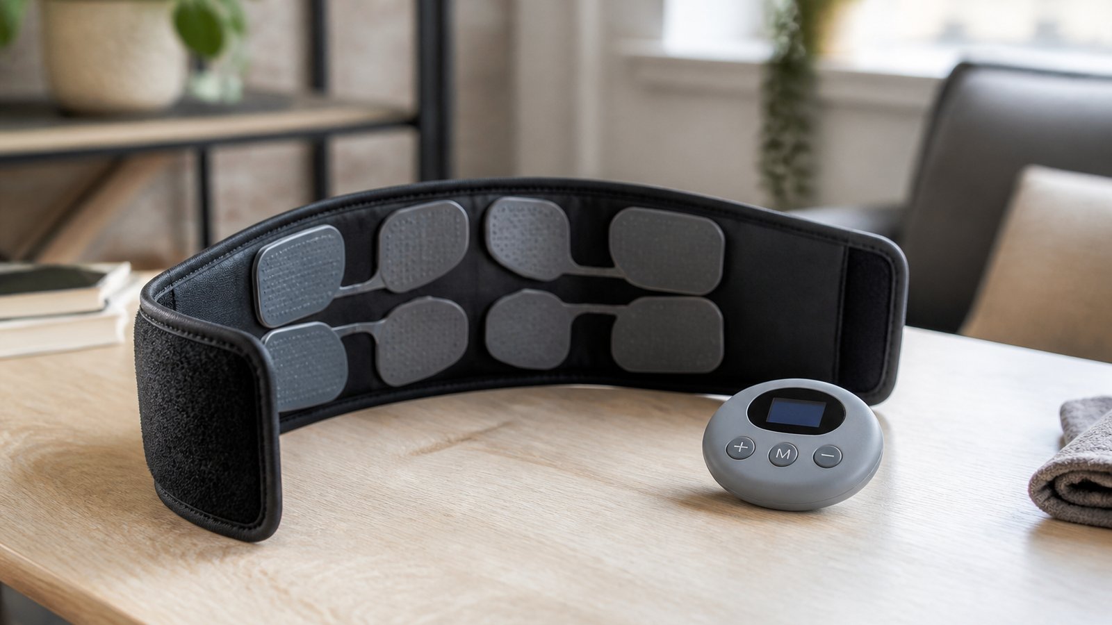 Washable EMS belt centred on a matte desk for buyer checks